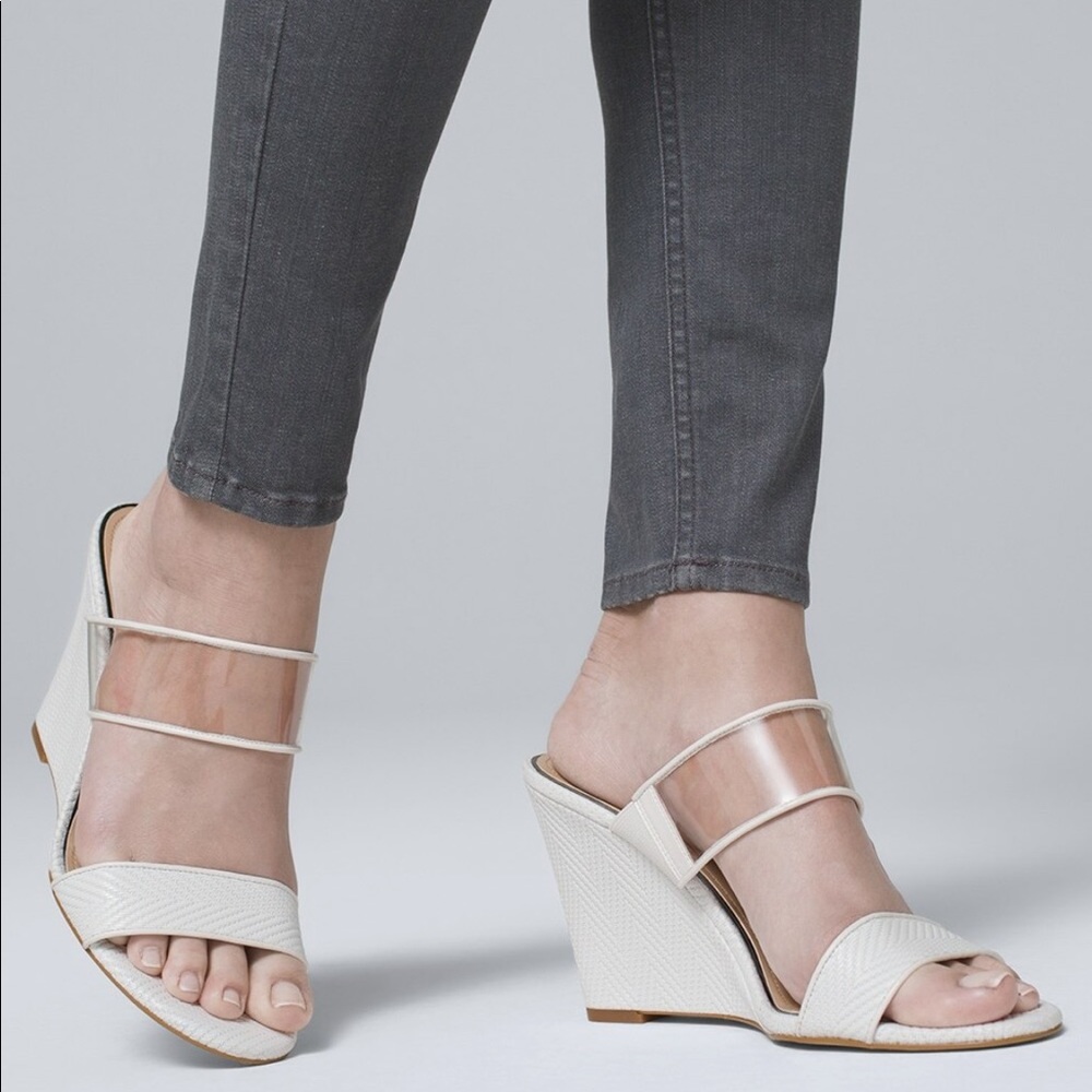 White House Black Market | Snake-Embossed Leather & PVC Wedges | white | 8